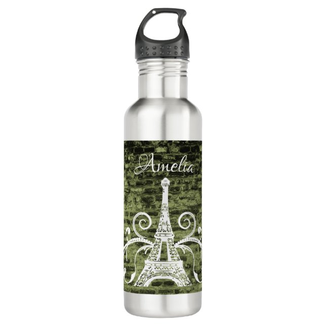 Green Eiffel Tower Grunge Wasserflasche Edelstahlflasche (Vorderseite)