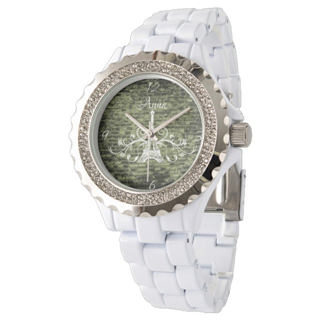 Green Eiffel Tower Grunge Watch Armbanduhr (Schrägansicht)