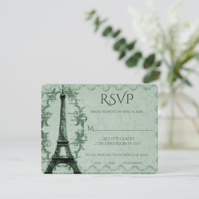Green Eiffel Tower Wedding RSVP Card Karte (Stehend Vorderseite)