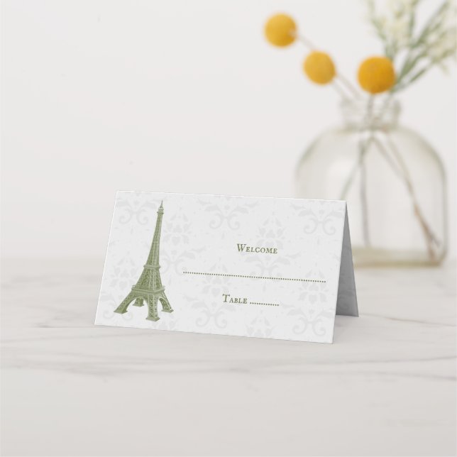 Green Eiffelturm Damask Empfang Platzkarte (Vorderseite)