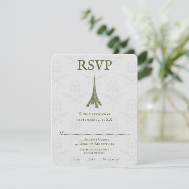Green Eiffelturm Damask RSVP Card (Stehend Vorderseite)