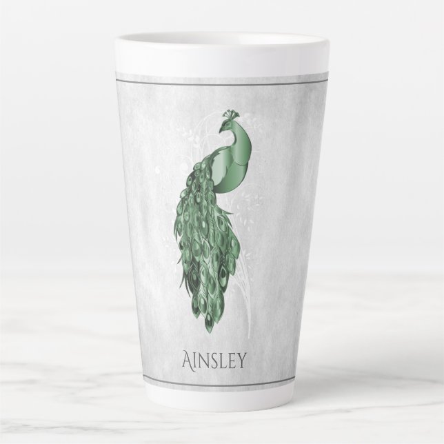 Green Elegance Peacock Personalisierte Latte-Tasse Milchtasse (Vorderseite)