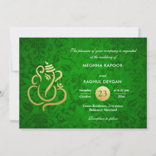 Green Elegant Gold Foil Ganesha Indian Damask  Einladung