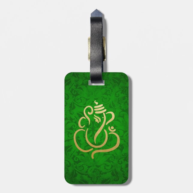 Green Elegant Gold Ganesha Indian Damask Muster  Gepäckanhänger (Rückseite vertikal)