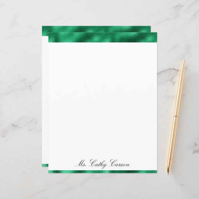 Green Elegant Metallic Satin Name Shiny Stationary (Vorderseite/Rückseite Beispiel)