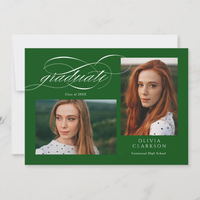 Green Elegant Script 3 Foto Graduation Party Einladung (Vorderseite)
