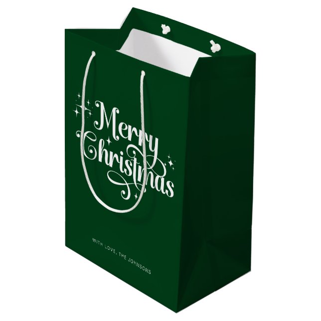 Green Elegant Trendy Retro Script Frohe Weihnachte Mittlere Geschenktüte (Rückseite Schrägansicht)