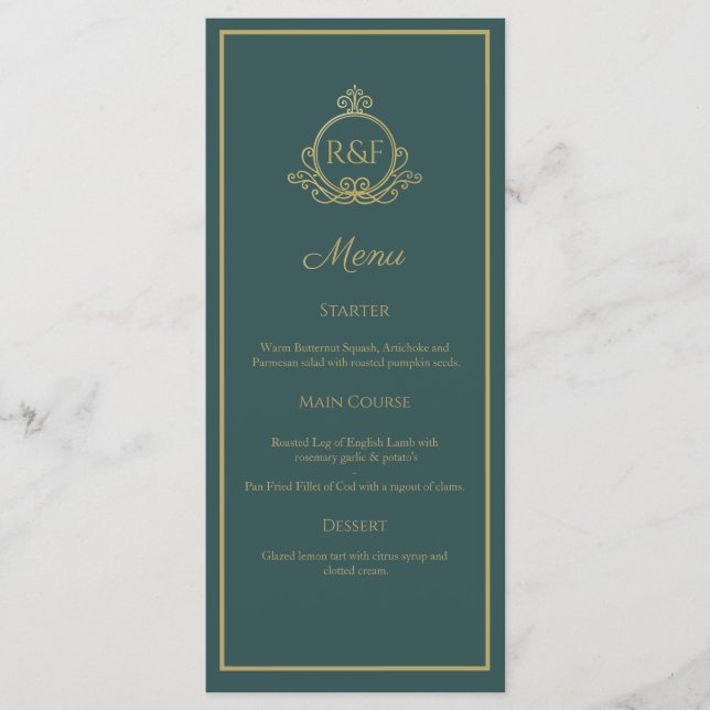 Green Elegante Golden Calligraphy Wedding Menu Menükarte (Vorderseite)
