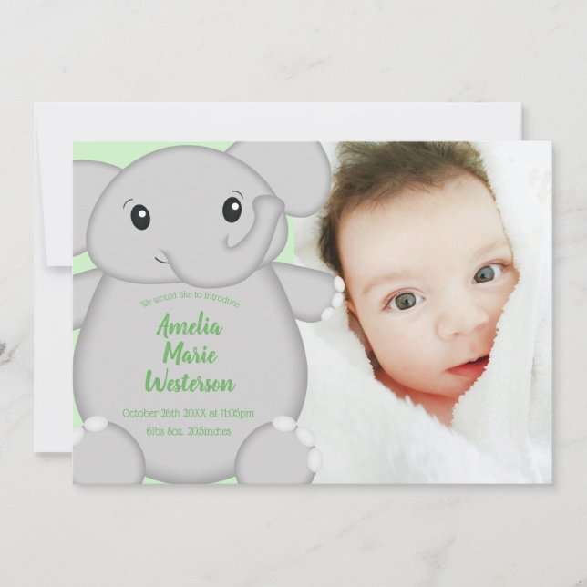 Green Elephant Baby Dusche Einladung (Vorderseite)