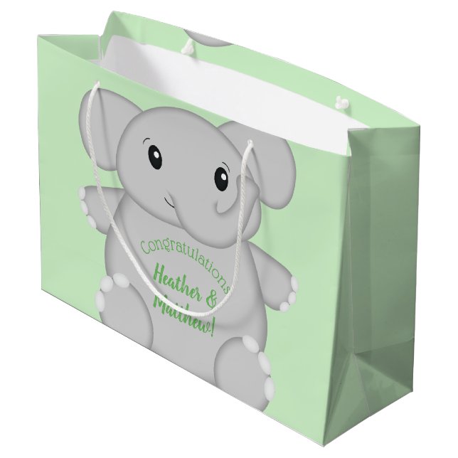 Green Elephant Baby Dusche Große Geschenktüte (Rückseite Schrägansicht)
