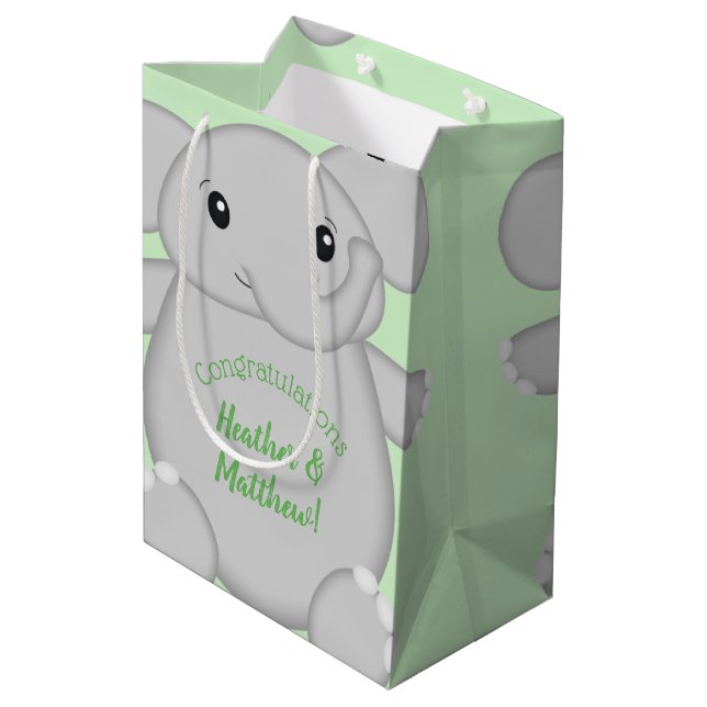 Green Elephant Baby Dusche Mittlere Geschenktüte (Rückseite Schrägansicht)