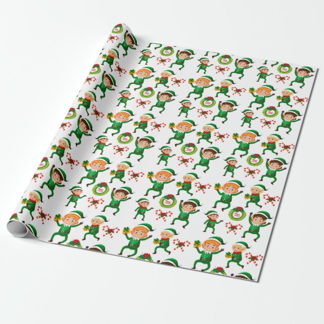 Green Elf Candy Cane Christmas Watercolor Geschenkpapier (Ungerollt)