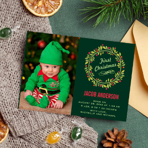 Green Elf First Christmas Photo Birth Announcement Ankündigung