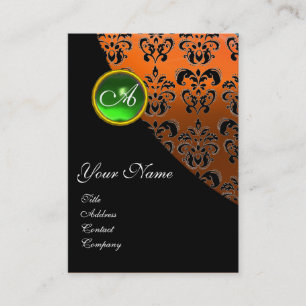 GREEN EMERALD DAMASK MONOGRAMM, gelb orange Visitenkarte