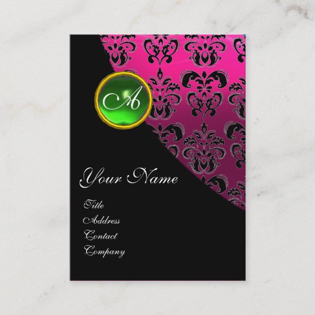 GREEN EMERALD DAMASK MONOGRAMM, rosa Fuchsia Visitenkarte (Vorderseite)