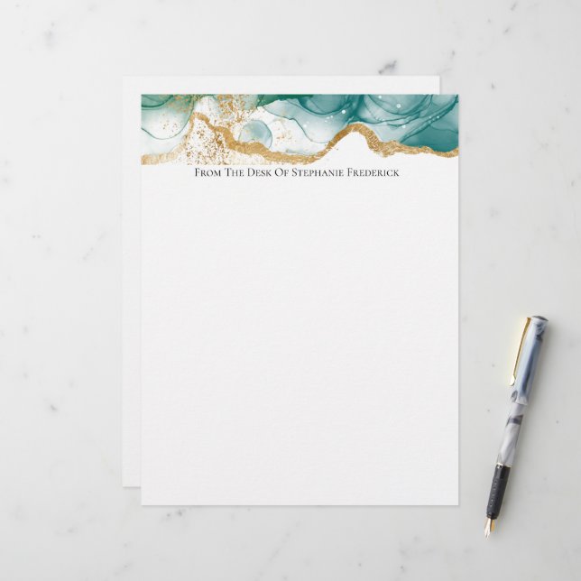 Green Emerald Gold Border Moderne trendige Wasserf Briefbogen (Vorderseite/Rückseite Beispiel)