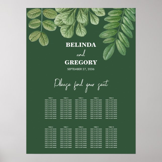 Green Emerald Green Wedding Seating Chart Poster (Vorne)