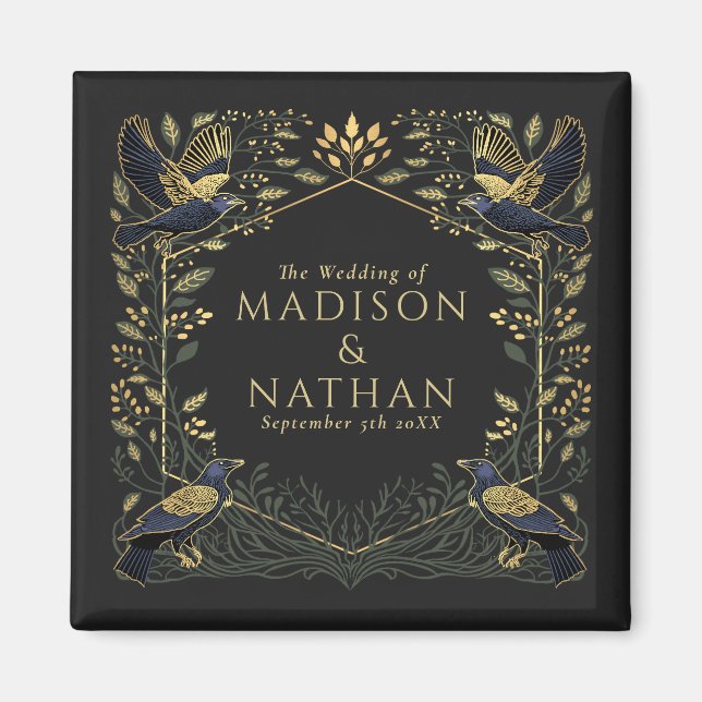 Green Enchanted Gothic Raven Floral Wedding Magnet (Vorne)