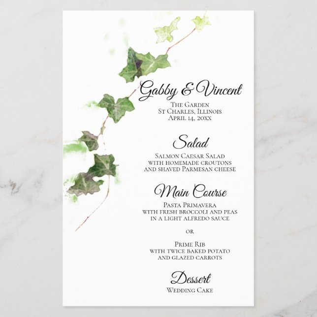 Green English Ivy Vine Watercolor Wedding Menu Flyer (Vorne)