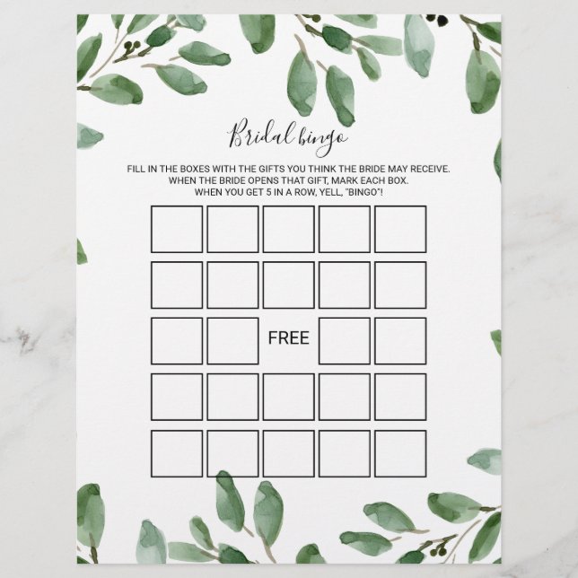 Green Eucalyptus Bridal Bingo, Brautparty Game (Vorderseite)