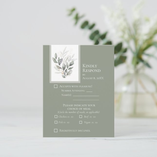 Green Eucalyptus Flat Wedding RSVP Card Karte (Stehend Vorderseite)