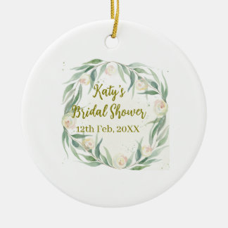 Green eucalyptus floral bridal shower name date go keramik ornament