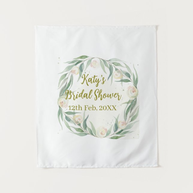 Green eucalyptus floral bridal shower name date go wandteppich (Vorderseite)