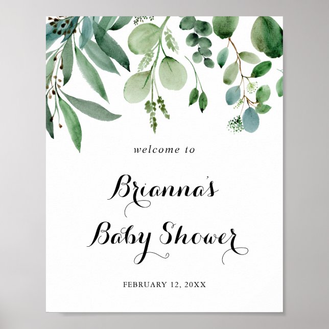 Green Eucalyptus Foliage Baby Dusche Willkommen Poster (Vorne)