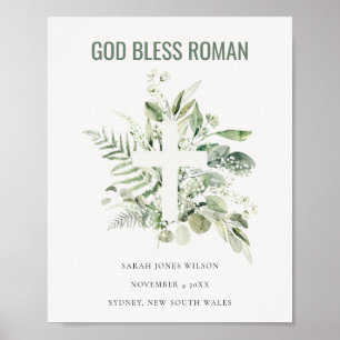 Green Eucalyptus Foliage Cross God Bless Roman Poster