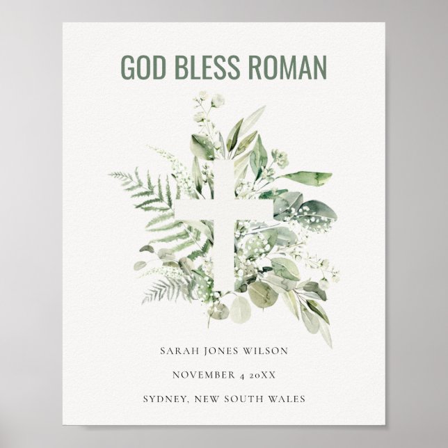 Green Eucalyptus Foliage Cross God Bless Roman Poster (Vorne)