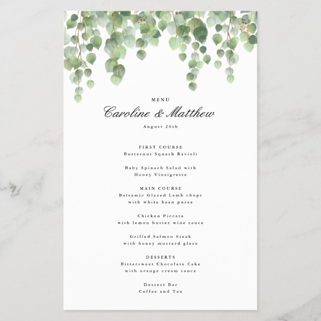 Green Eucalyptus Foliage Dinner Menu Flyer (Vorne)