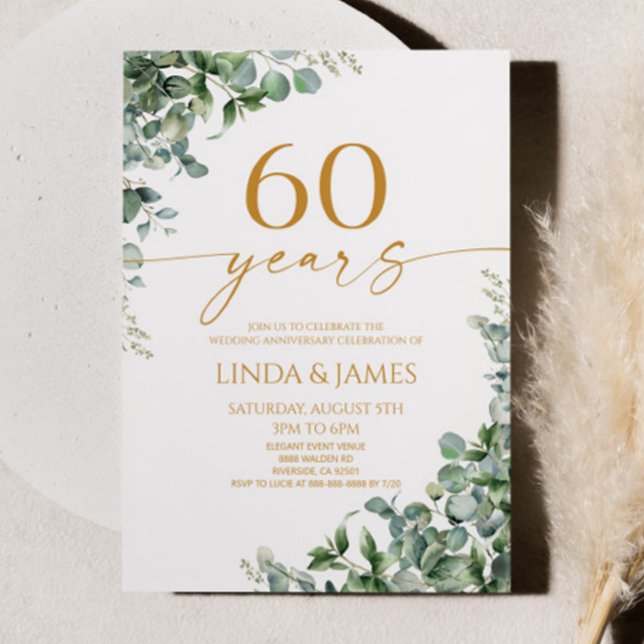 Green Eucalyptus Gold 60th Wedding Anniversary Einladung (Von Creator hochgeladen)