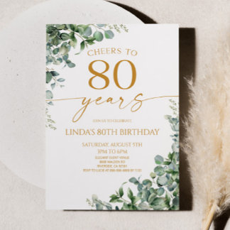 Green Eucalyptus Gold 80th Birthday Party Einladung