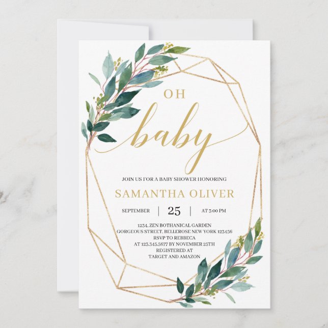 Green eucalyptus gold geometrisch Oh Baby Shower Einladung (Vorderseite)