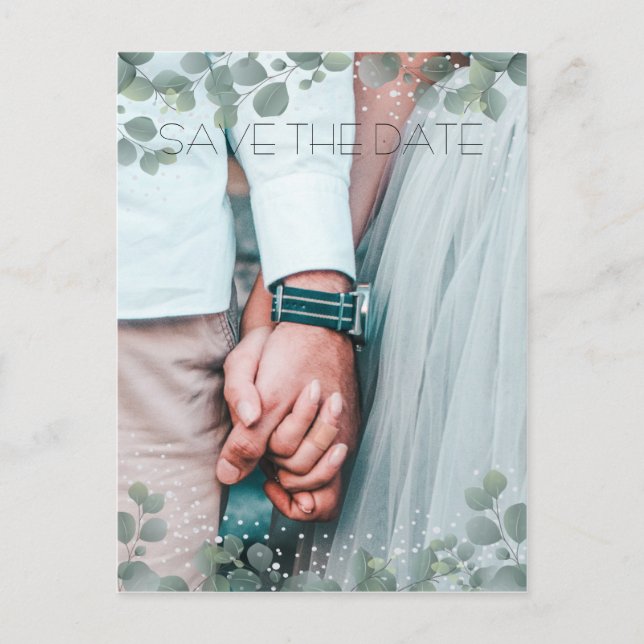 Green Eucalyptus Modernes Foto Save the Date Postkarte (Vorderseite)