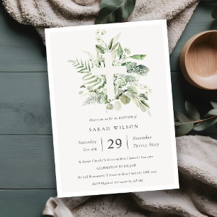 Green Eukalyptus Fern Foliage Cross Baptisse Dankeskarte