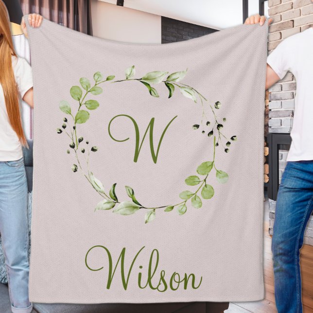 Green Eukalyptus & Leaf-Schriftzeichen Fleecedecke (Green Eucalyptus & Leaf Wreath Script Monogram Fleece Blanket
)