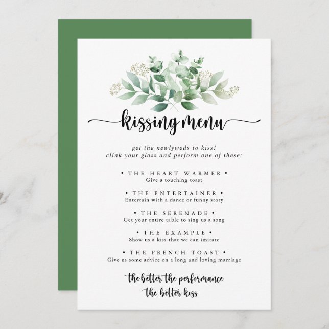 Green Eukalyptus Wedding Kissing Menu Game Card (Vorne/Hinten)