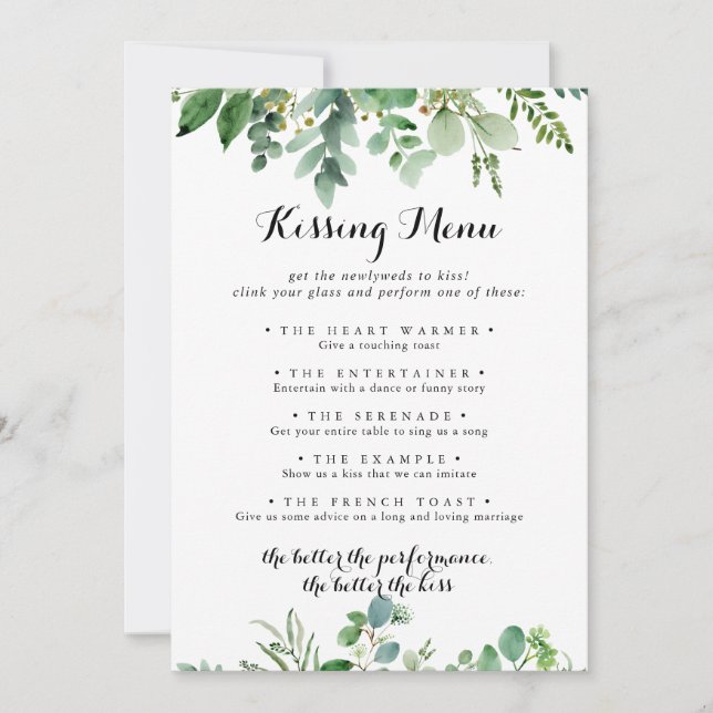 Green Eukalyptus Wedding Kissing Menu Game Card (Vorderseite)