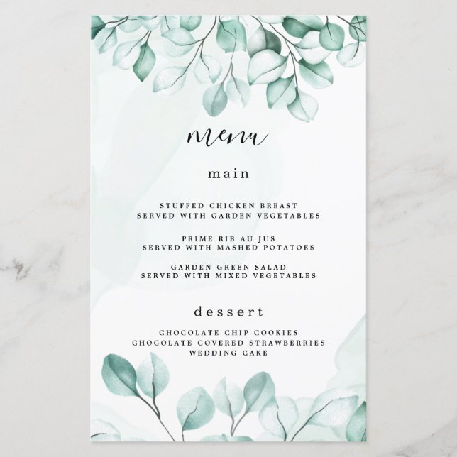 Green Eukalyptus Wedding Menu Cards (Vorderseite)