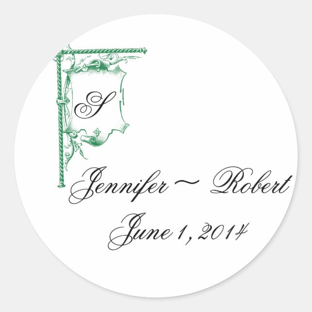 Green Extravagant Monogram Wedding Umschlag Aufkle Runder Aufkleber (Vorderseite)