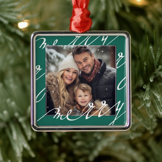 Green Extravagant Script "Merry Christmas Foto" Ornament Aus Metall (Baum)