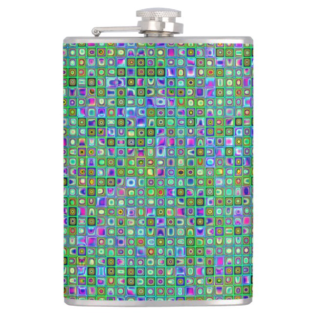 Green 'Eyeballs' Psychedelic Retro Tiles Pattern Flachmann (Vorderseite)