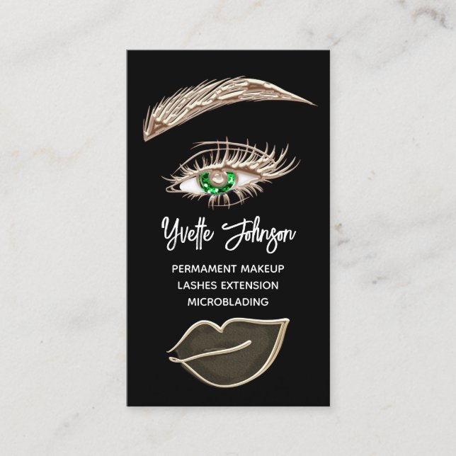 Green Eyelash Brows Makeup Logo QRCode Gold Black Visitenkarte (Vorderseite)