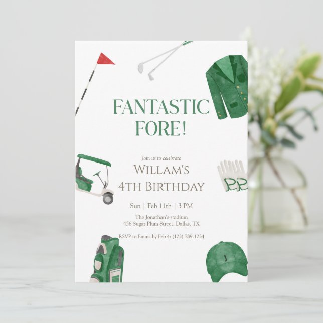 Green Fantastic Fore Preppy Golf Kids Birthday Einladung (Stehend Vorderseite)