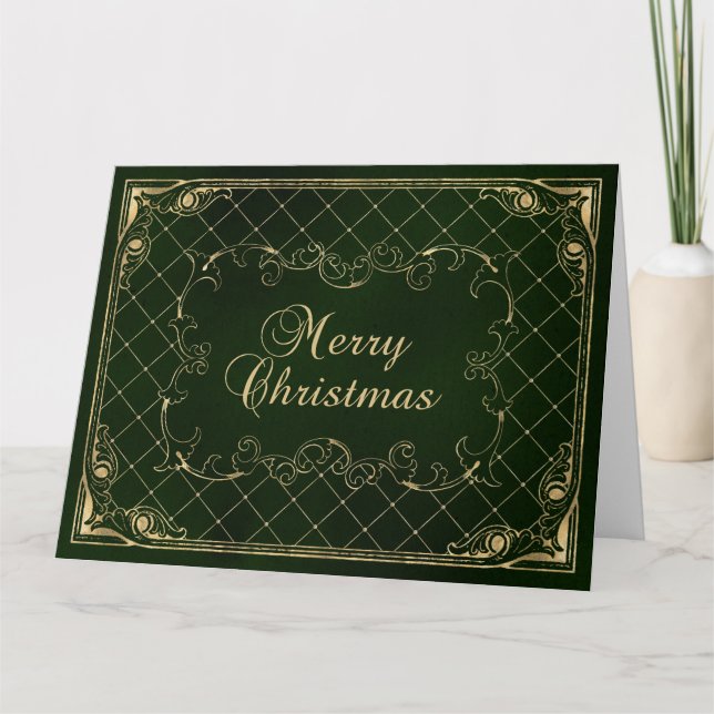 Green Faux Gold Ornate Border Merry Christmas Karte (Vorderseite)