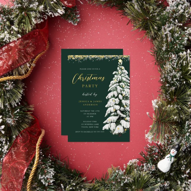 Green Festive Gold Snow Tree Christmas Party  Folieneinladung (Insitu)