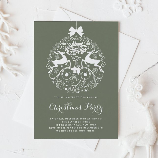 Green Festive Verziert Ornament Weihnachten Party Einladung (Taupe Green Festive Ornate Ornament Christmas Party Invitation)