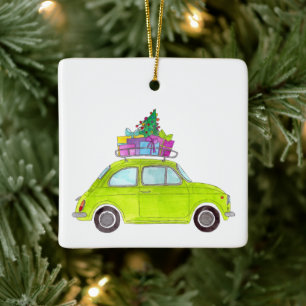 Green Fiat 500 mit Weihnachtsgeschenken Wasserfarb Keramikornament