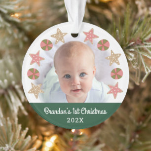 Green First Christmas Baby Foto Gingerbread Boy Ornament